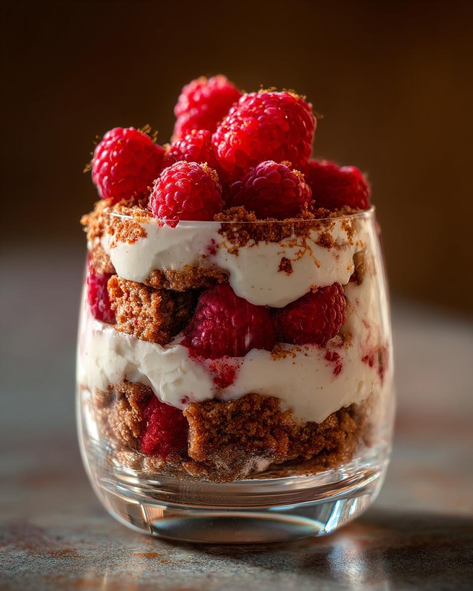 Ein Schichtdessert aus Spekulatius, Creme und frischen Himbeeren in einem Glas, garniert mit Himbeeren.