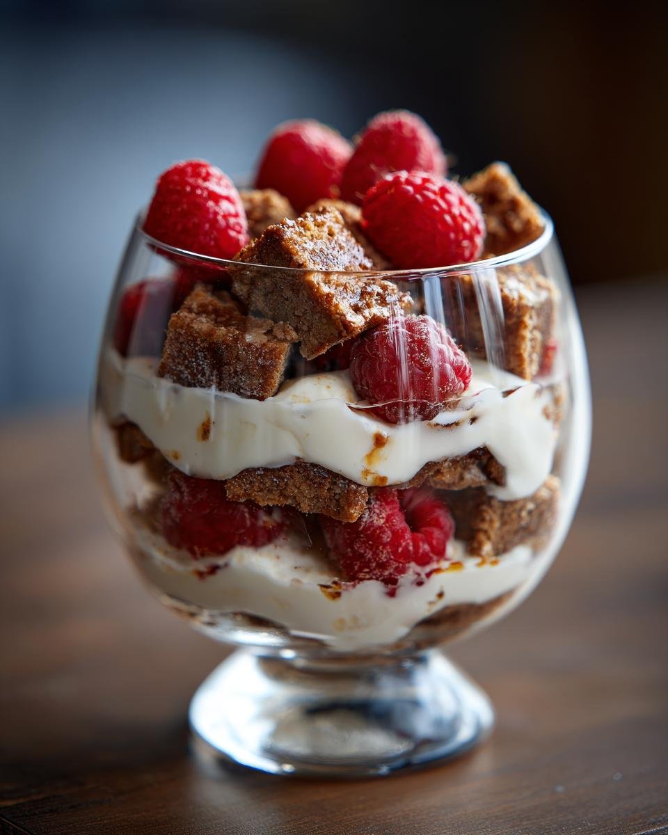 Schichtdessert aus Spekulatius-Krümeln, Sahne und frischen Himbeeren in einem Glas.