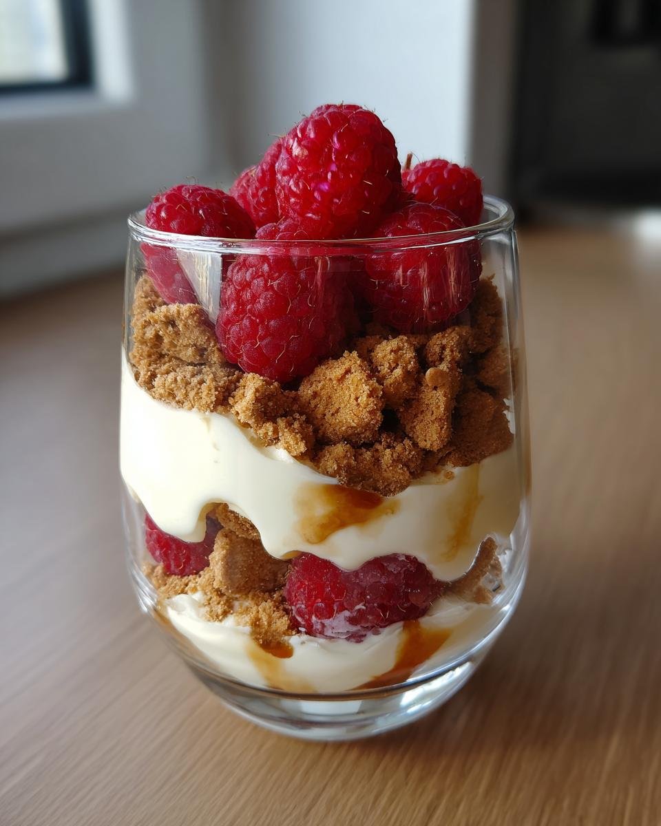 Ein Schichtdessert im Glas mit Spekulatiuskrümeln, Sahne und frischen Himbeeren, beträufelt mit Karamell.
