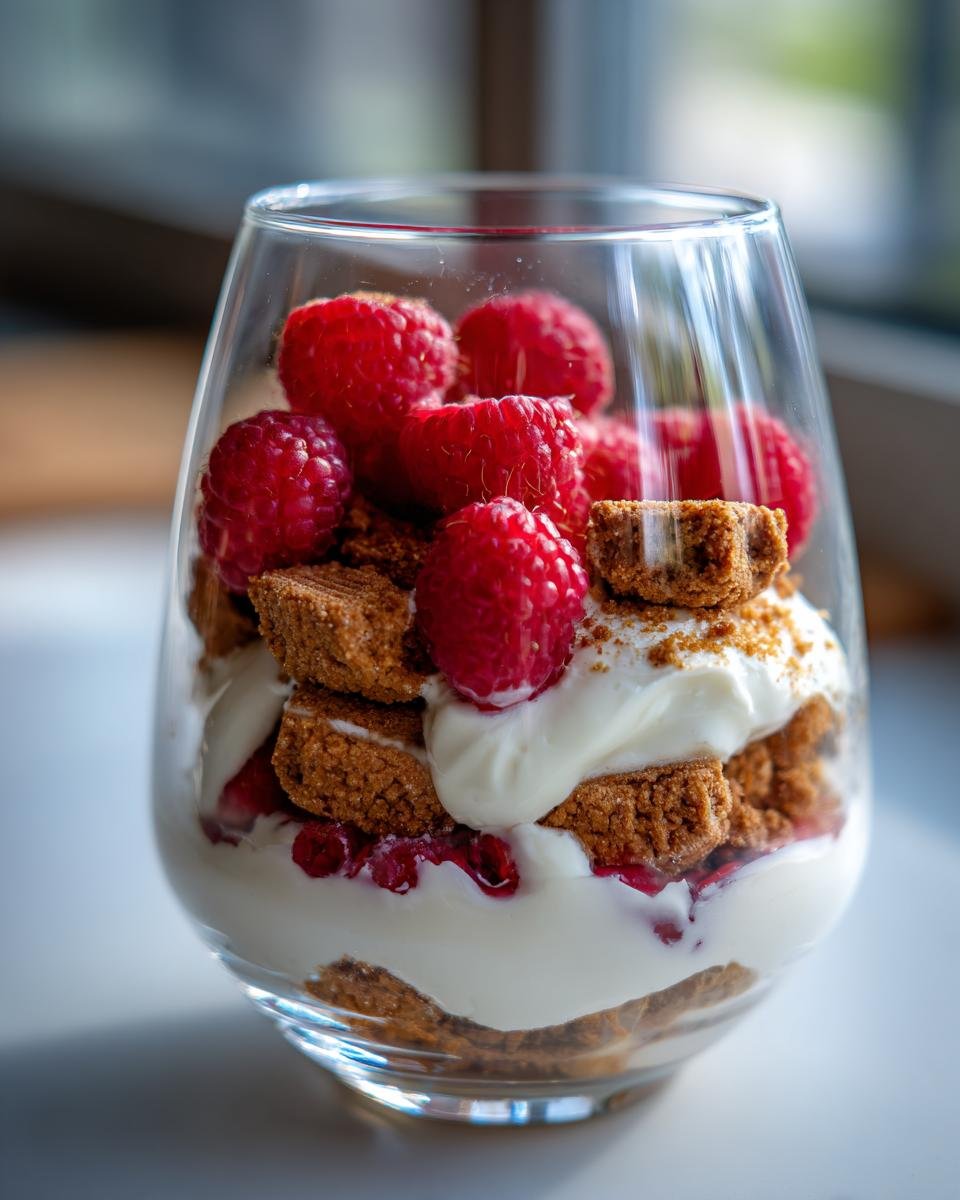 Ein Schichtdessert im Glas mit Spekulatius, Himbeeren und Sahne, perfekt für ein Spekulatius Dessert mit Himbeeren.