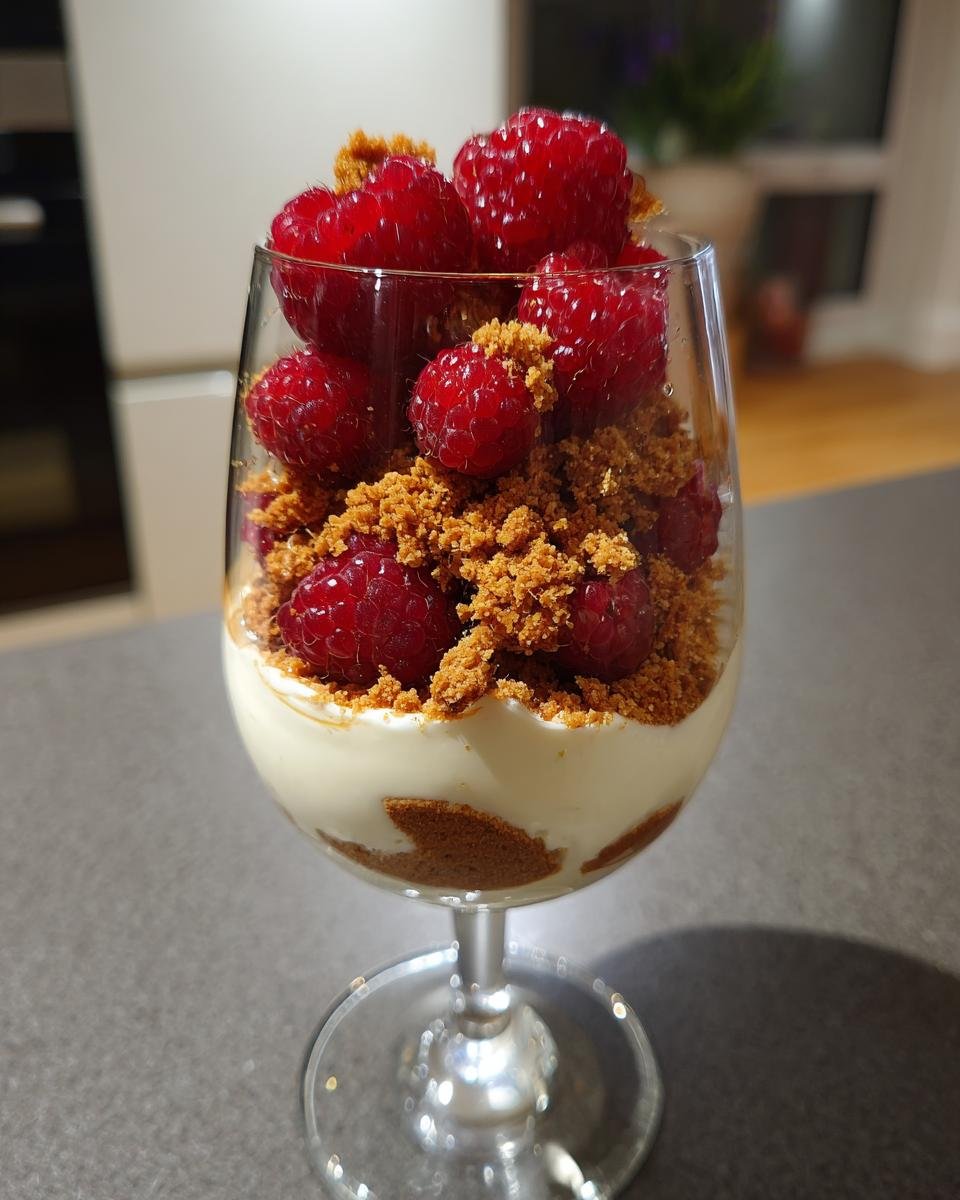 Ein Glas Spekulatius Dessert mit Himbeeren, geschichtet mit cremiger Füllung und zerbröselten Spekulatius.
