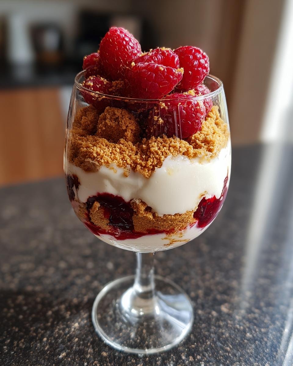 Ein erfrischendes Spekulatius Dessert mit Himbeeren, geschichtet in einem Glas mit Sahne und Keksbröseln.