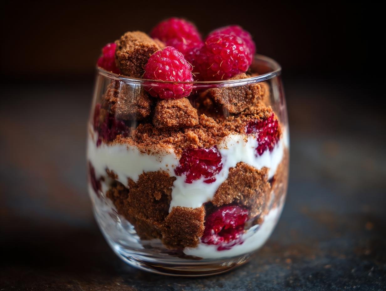 Ein Glas Spekulatius Dessert mit Himbeeren, geschichtet mit cremiger Füllung und zerbröseltem Spekulatius, garniert mit frischen Himbeeren.