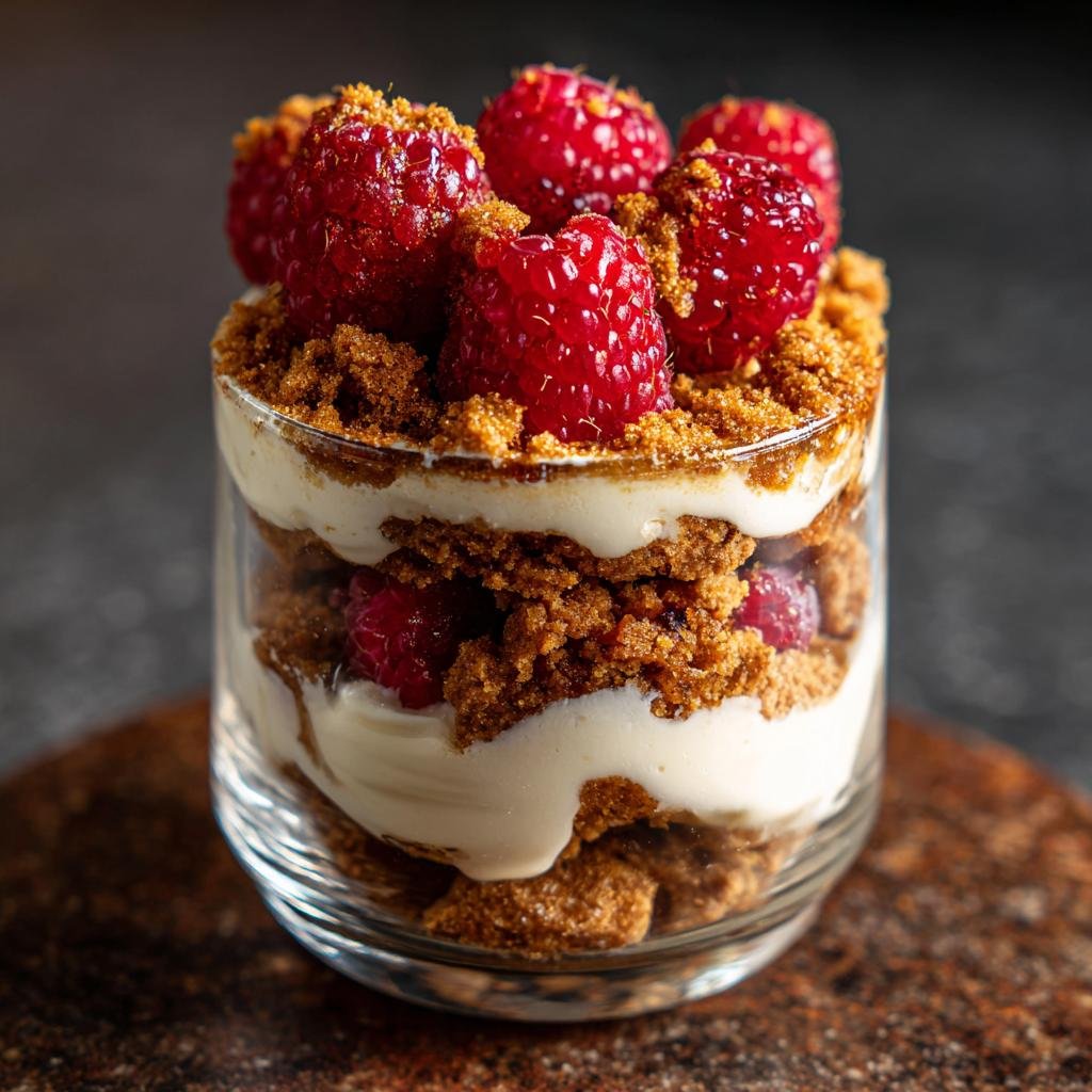 Schichtdessert mit Spekulatius-Krümeln, cremiger Füllung und frischen Himbeeren, garniert mit Himbeeren.