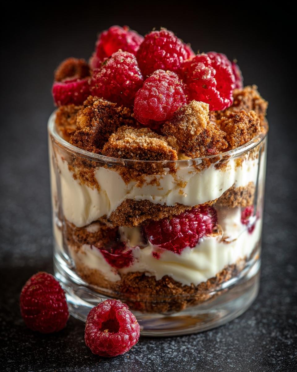 Schichtdessert aus Spekulatius-Krümeln, Sahne und Himbeeren in einem Glas, garniert mit frischen Himbeeren.