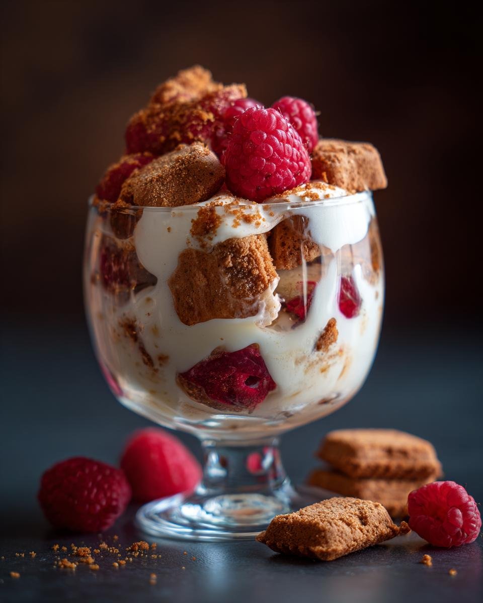 Ein Spekulatius Dessert mit Himbeeren, geschichtet in einem Glas mit Sahne und Spekulatius-Stücken.
