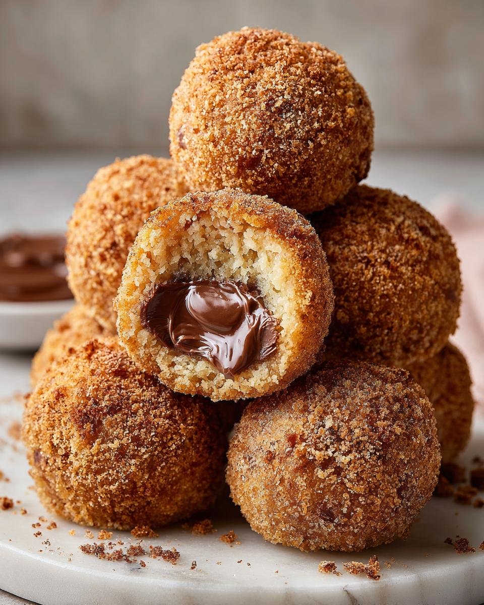 Close-up of Spekulatius-Nutella Kugeln, one cut open to reveal a molten chocolate center.