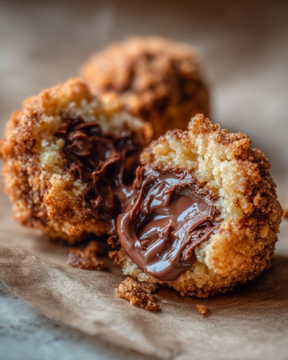 Close-up of a Spekulatius-Nutella Kugel split open, revealing a rich, molten chocolate Nutella filling.