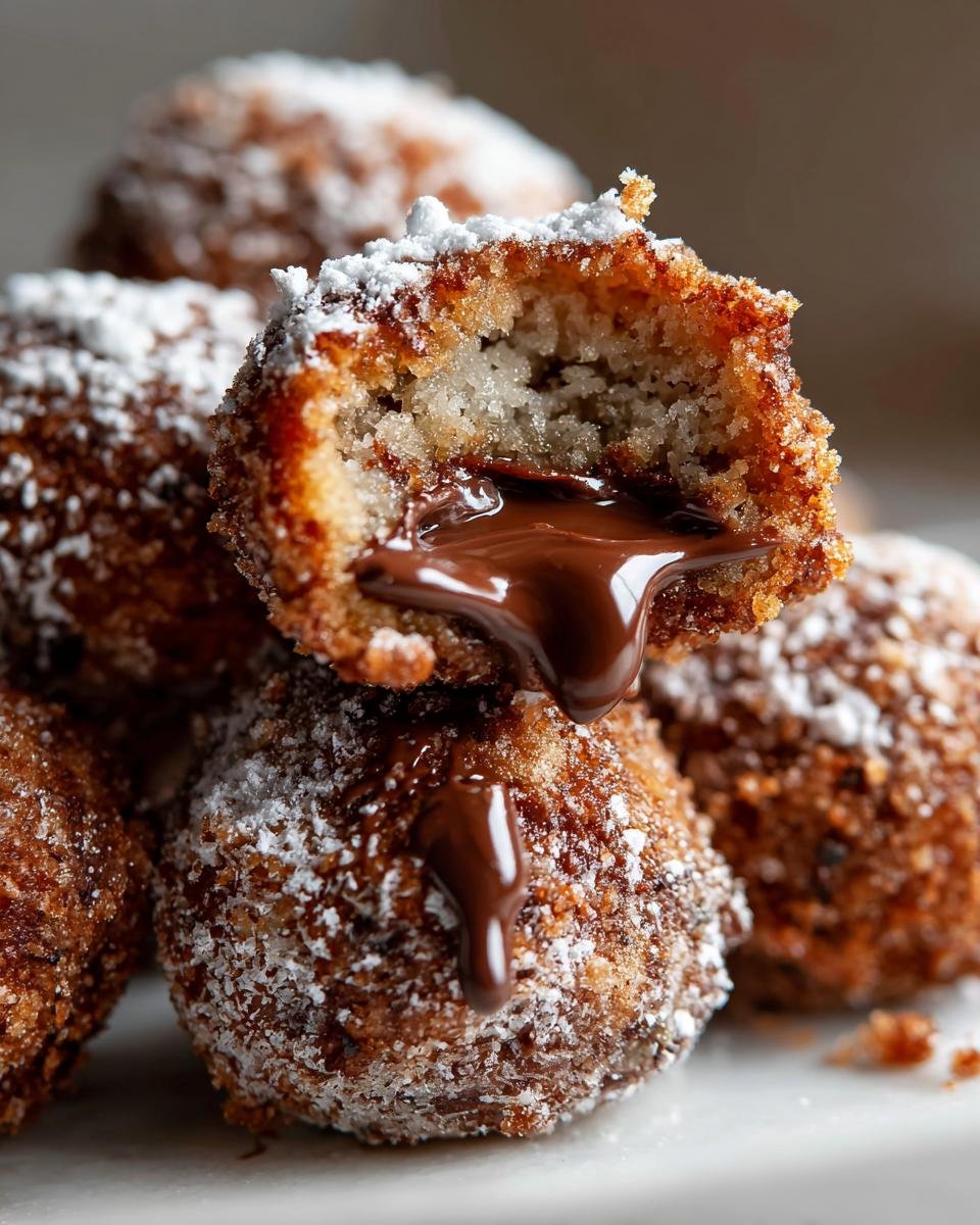 Close-up of Spekulatius-Nutella Kugeln, one broken open to reveal molten chocolate oozing out, dusted with powdered sugar.