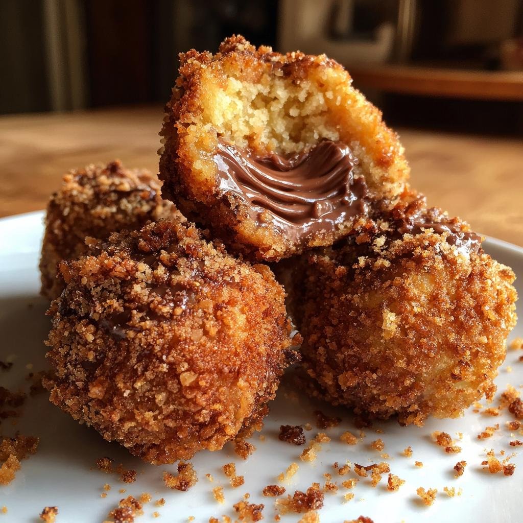 Close-up of Spekulatius-Nutella Kugeln, one is broken open to reveal a creamy chocolate filling.