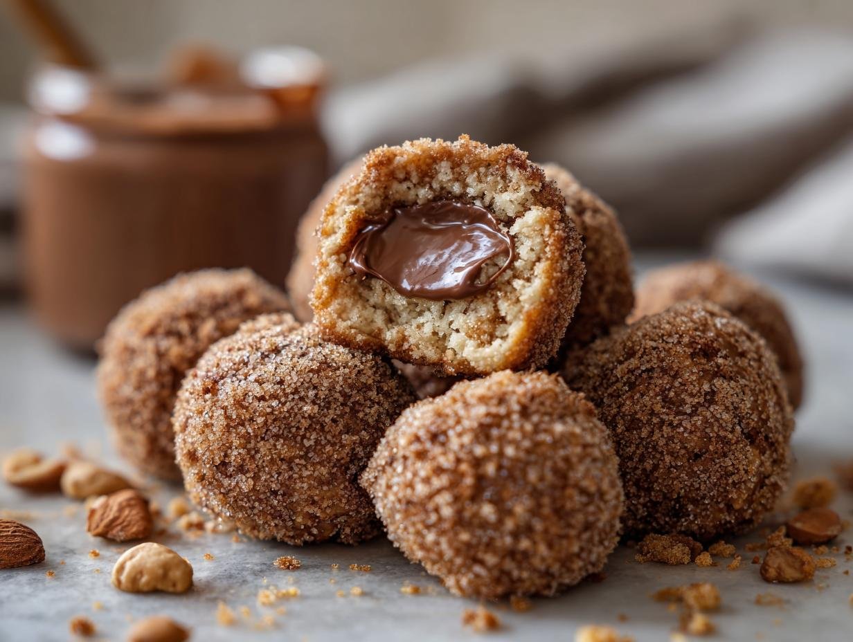 Close-up of Spekulatius-Nutella Kugeln, one cut open revealing a creamy Nutella center.