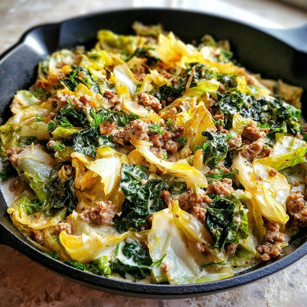 Nahaufnahme einer Spitzkohlpfanne mit Hackfleisch und Kräutern in einer gusseisernen Pfanne.