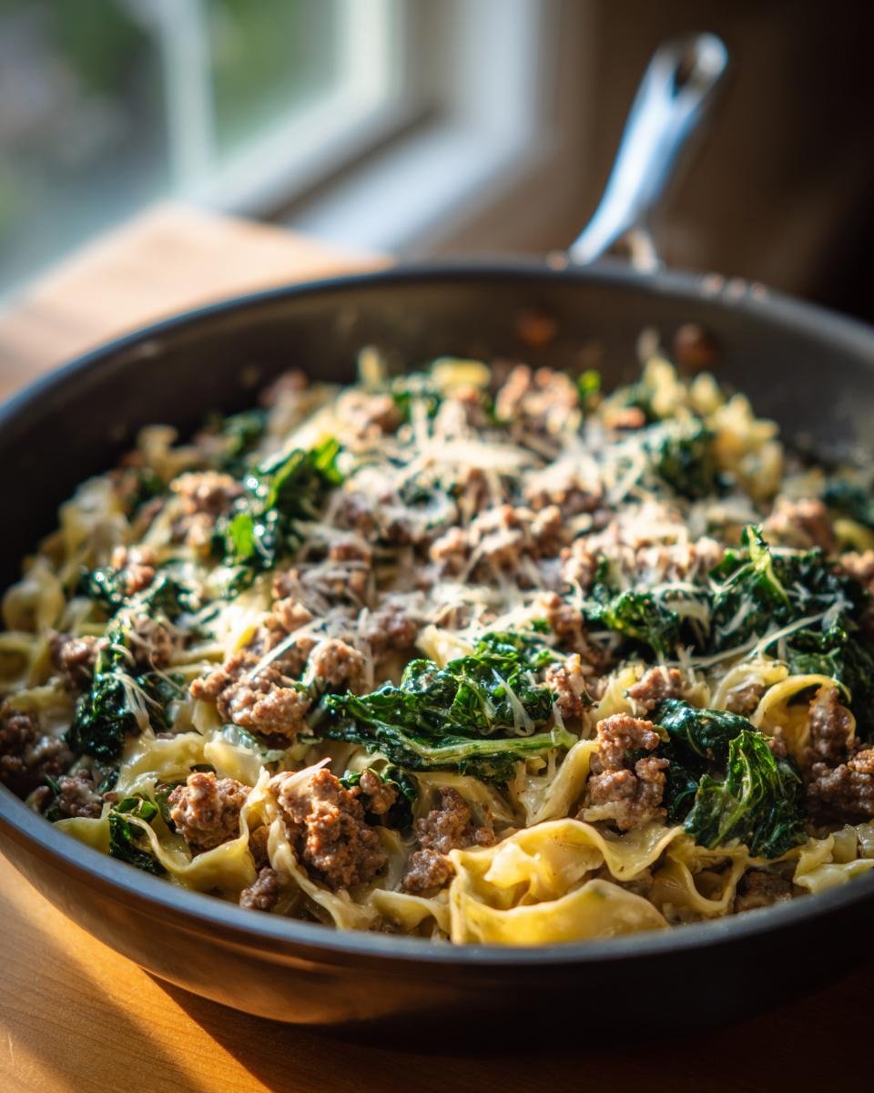 A close-up of Spitzkohlpfanne mit Hackfleisch, a German dish with pasta, minced meat, and greens, topped with cheese.