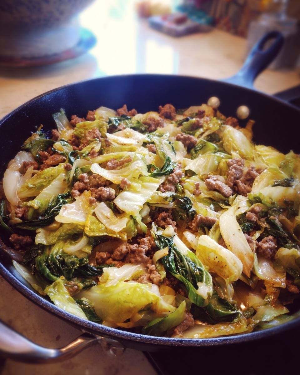 Eine Nahaufnahme einer Spitzkohlpfanne mit Hackfleisch, die in einer schwarzen Pfanne serviert wird.