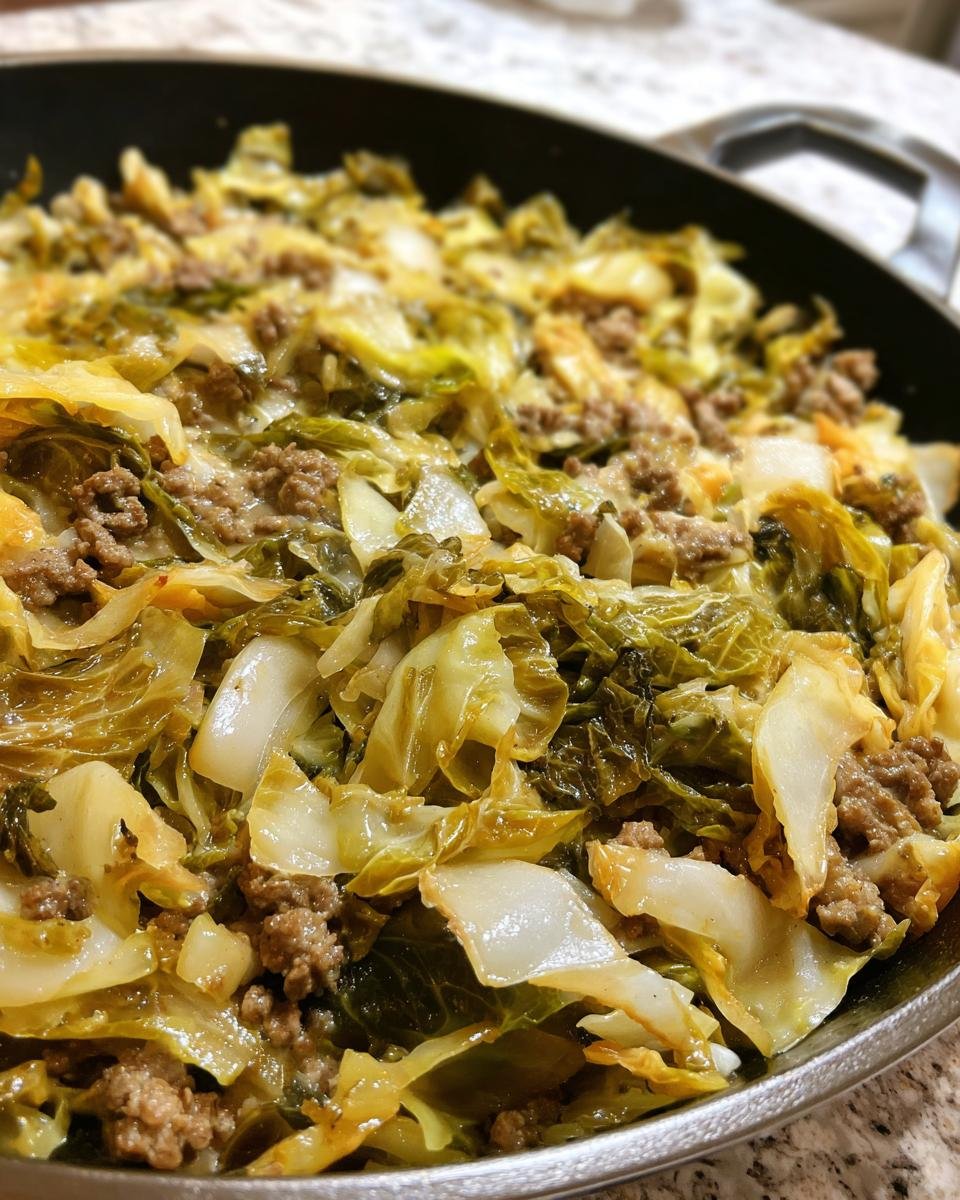 Eine Spitzkohlpfanne mit Hackfleisch, frisch zubereitet in einer schwarzen Pfanne.