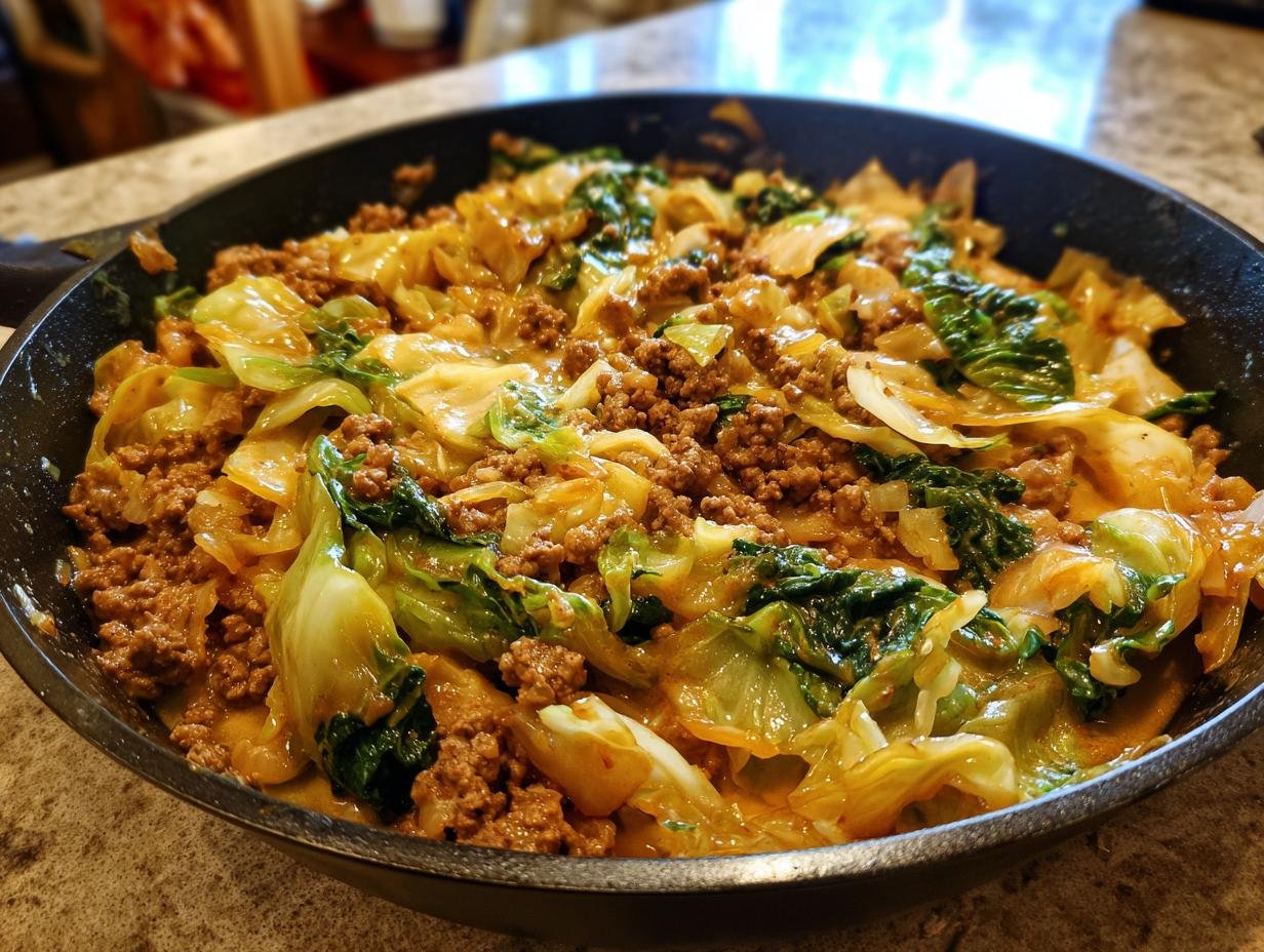 Eine dampfende Spitzkohlpfanne mit Hackfleisch, serviert in einer schwarzen Pfanne, bereit zum Essen.