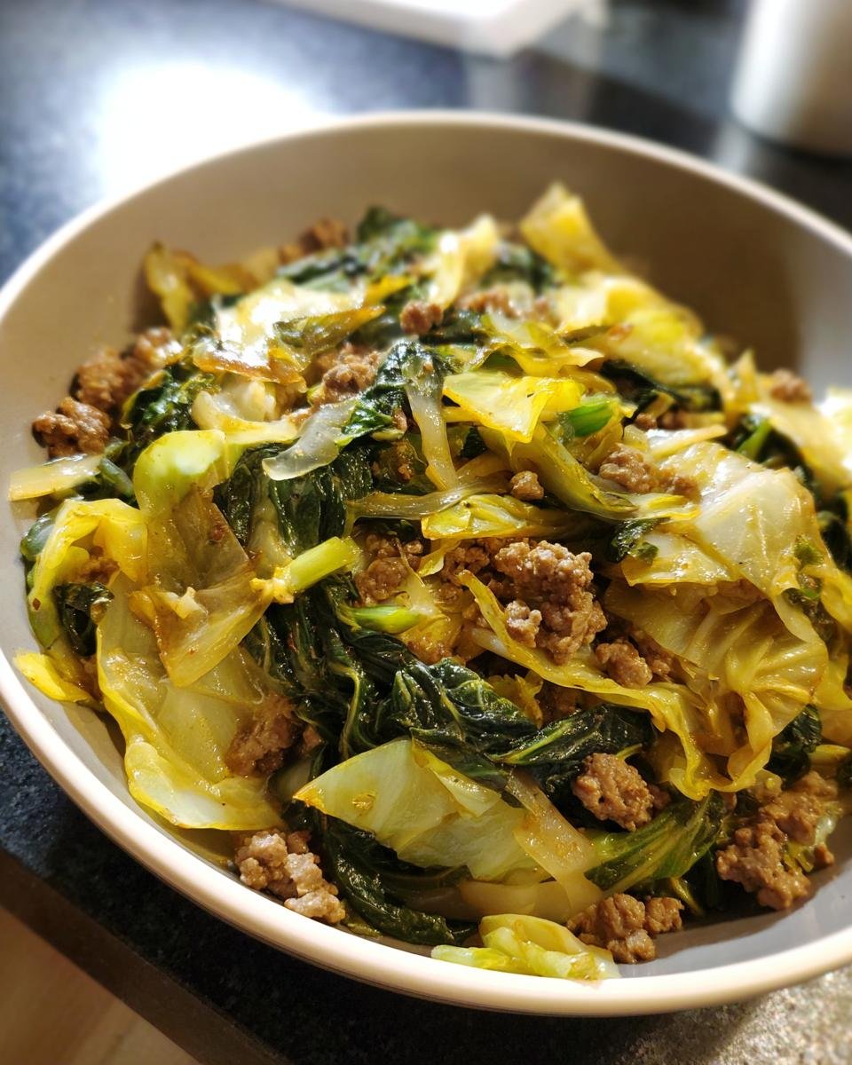 Nahaufnahme einer Schüssel mit Spitzkohlpfanne mit Hackfleisch, ein klassisches deutsches Gericht.