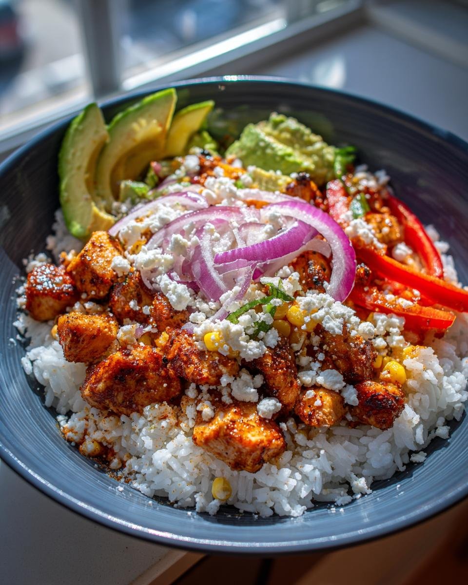 Street Corn Hähnchen Reis Bowl with seasoned chicken, rice, avocado, red onion, and crumbled cheese.