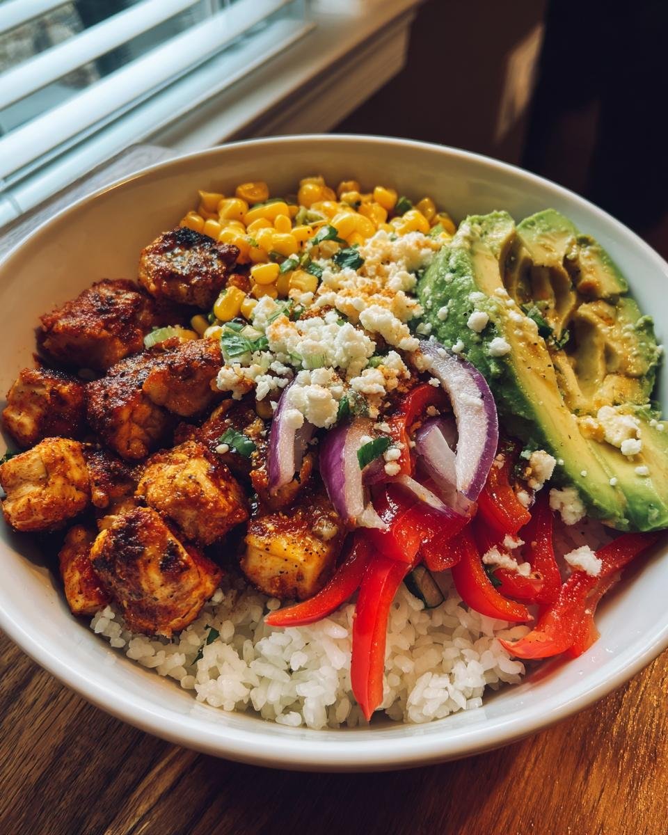 Street Corn Hähnchen Reis Bowl mit gegrilltem Hähnchen, Mais, Avocado, Paprika und Zwiebeln auf Reis.