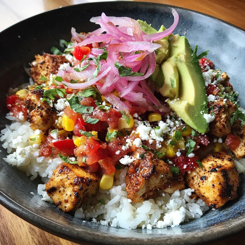 A vibrant Street Corn Hähnchen Reis Bowl featuring grilled chicken, rice, corn, avocado, and pickled red onions.