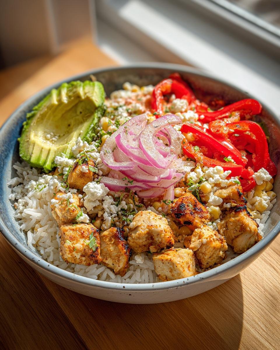 Street Corn Hähnchen Reis Bowl featuring rice, grilled chicken, avocado, red peppers, corn, and red onion.