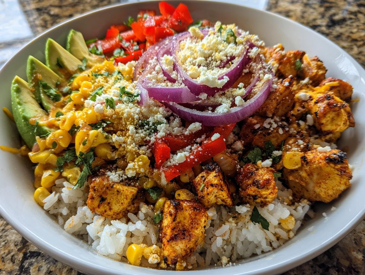 A vibrant Street Corn Hähnchen Reis Bowl featuring grilled chicken, corn, avocado, red onion, and peppers.