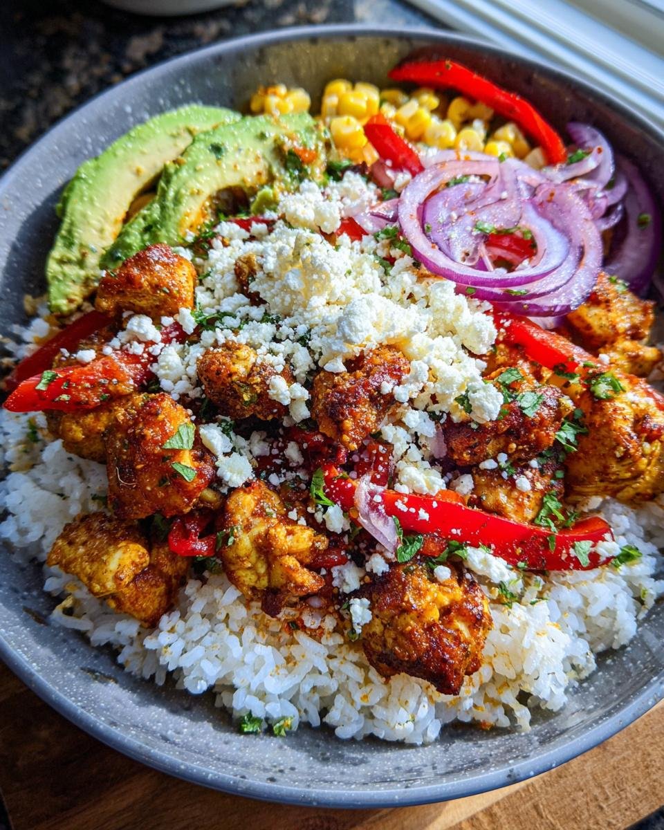 A vibrant Street Corn Hähnchen Reis Bowl filled with rice, seasoned chicken, corn, red onion, avocado, and crumbled feta cheese.