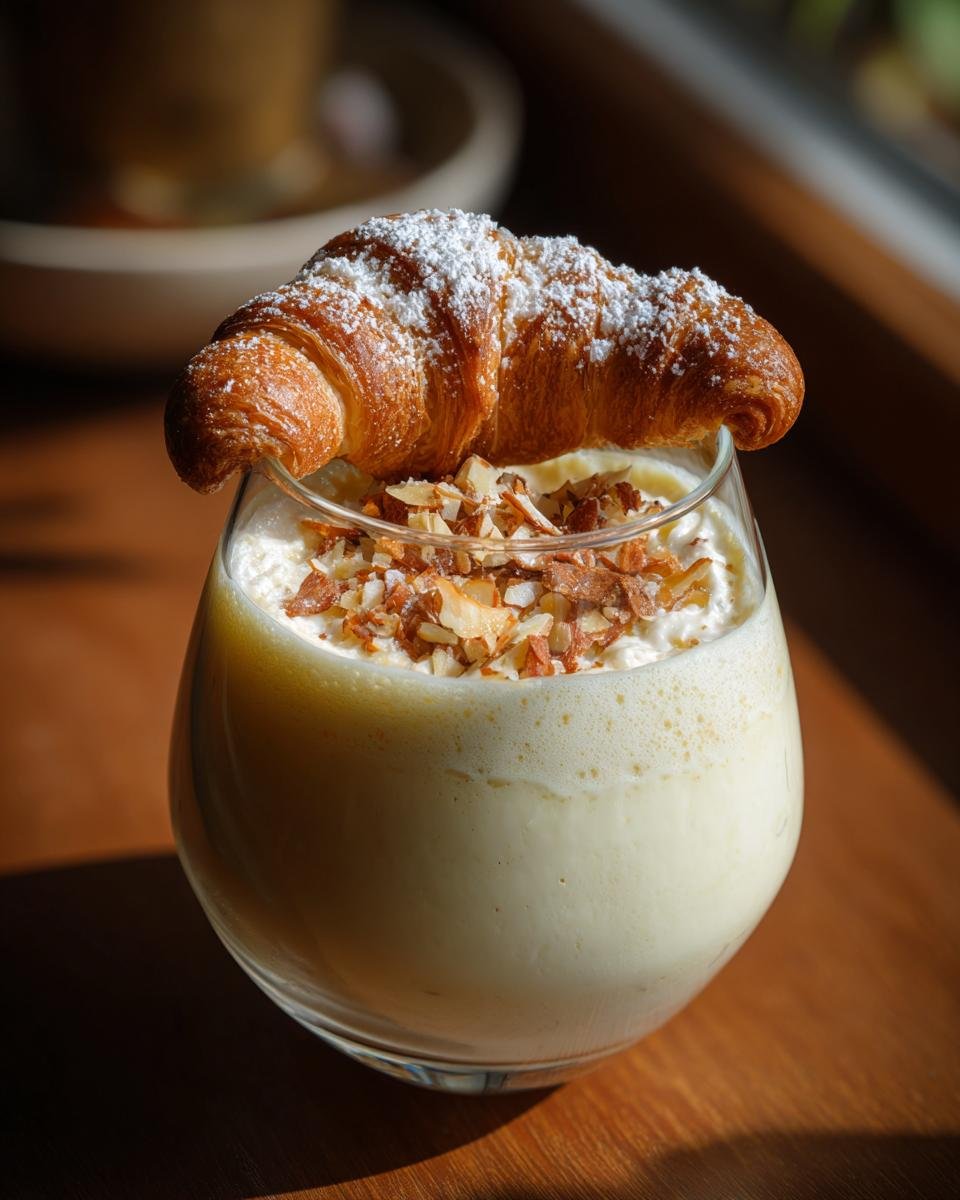 A glass of creamy Vanillekipferl-Creme topped with chopped almonds and a powdered sugar dusted croissant.