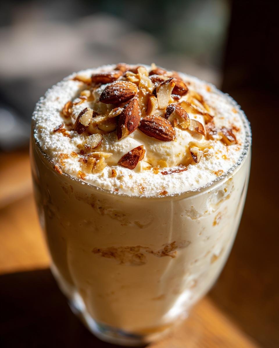 A creamy Vanillekipferl-Creme dessert in a glass, topped with whipped cream, powdered sugar, and toasted almonds.