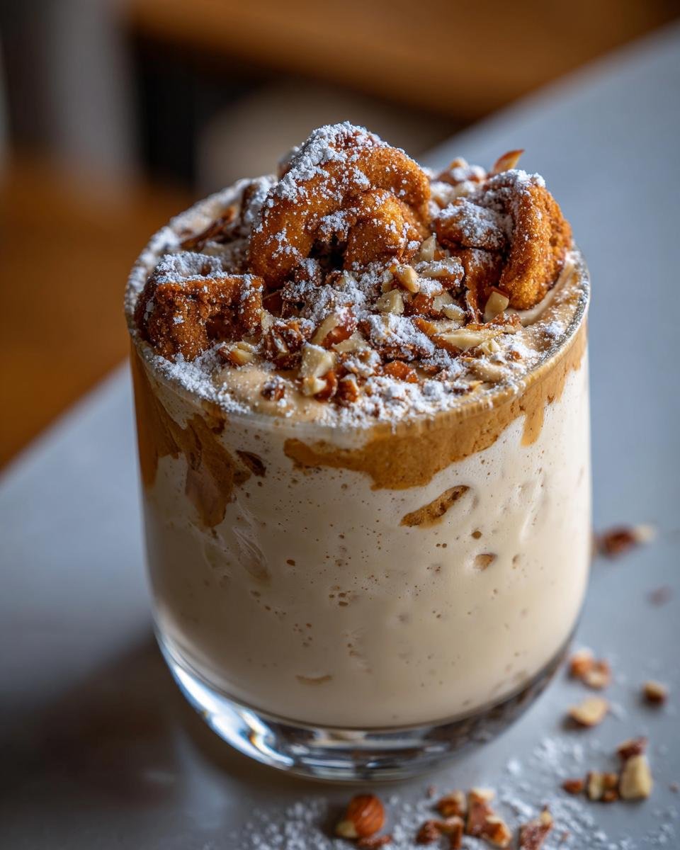 A creamy Vanillekipferl-Creme dessert served in a glass, topped with cookie crumbles, chopped nuts, and powdered sugar.