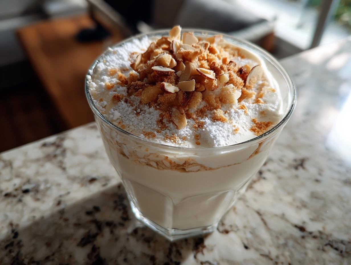 A creamy Vanillekipferl-Creme dessert served in a glass, topped with powdered sugar, crushed nuts, and cookie crumbs.