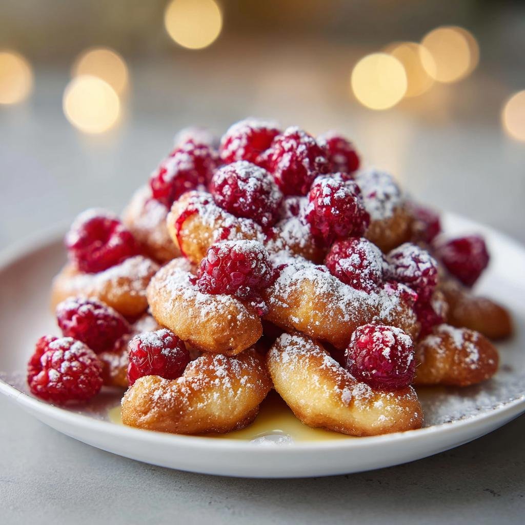 Ein Teller mit Vanillekipferl Dessert, garniert mit frischen Himbeeren und Puderzucker.