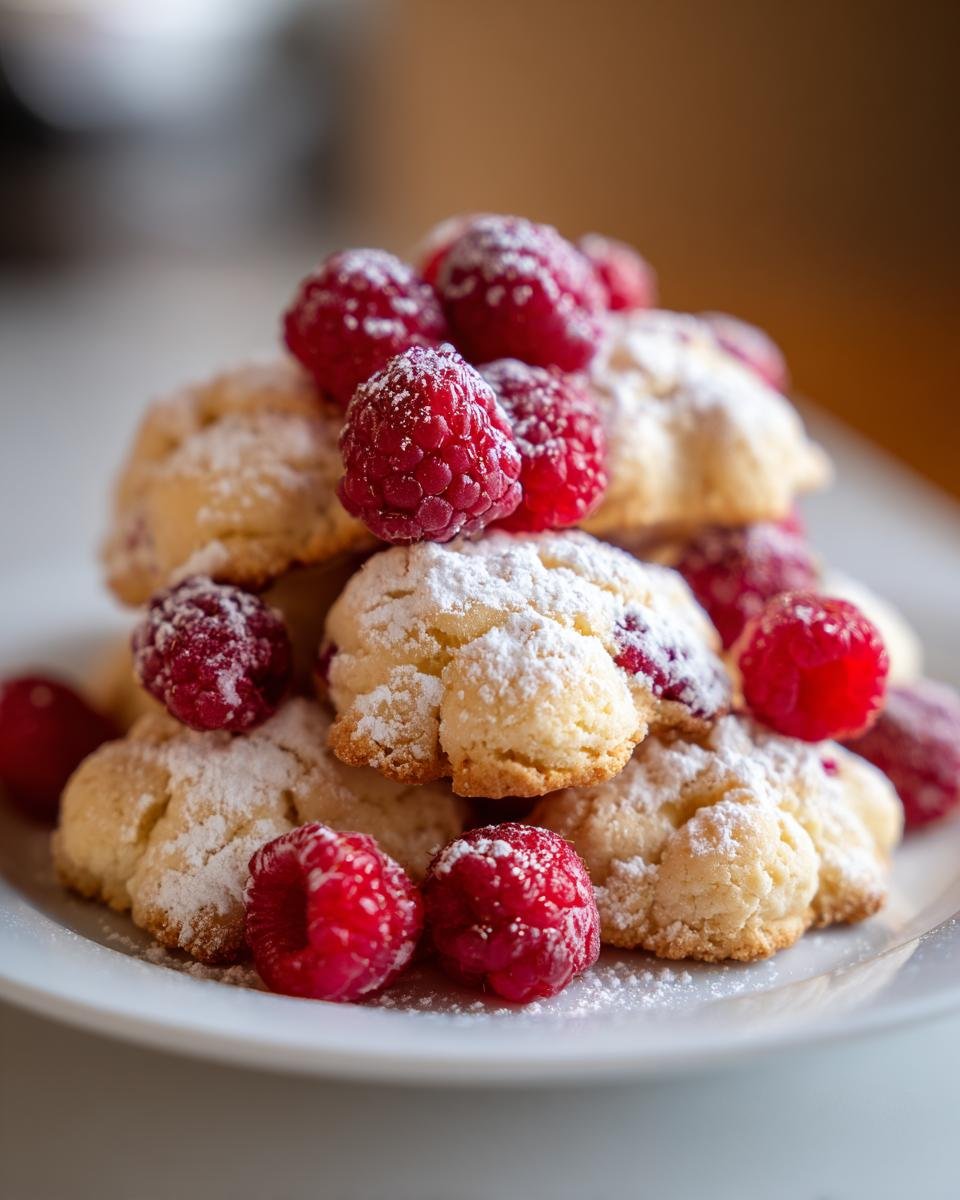 Gestapelte Vanillekipferl Kekse mit Puderzucker und frischen Himbeeren.