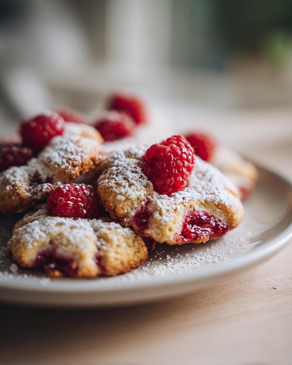 Vanillekipferl Dessert mit Himbeeren, bestäubt mit Puderzucker und garniert mit frischen Himbeeren.