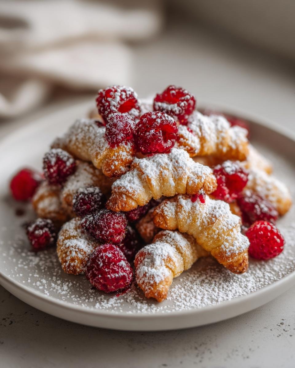 Vanillekipferl Dessert mit Himbeeren, bestäubt mit Puderzucker auf einem grauen Teller.