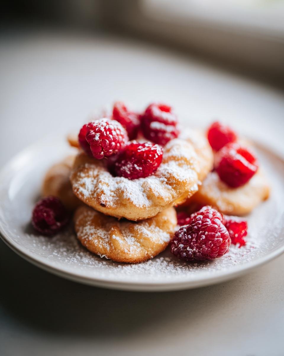 Vanillekipferl Dessert mit Himbeeren, bestäubt mit Puderzucker, auf einem Teller gestapelt.