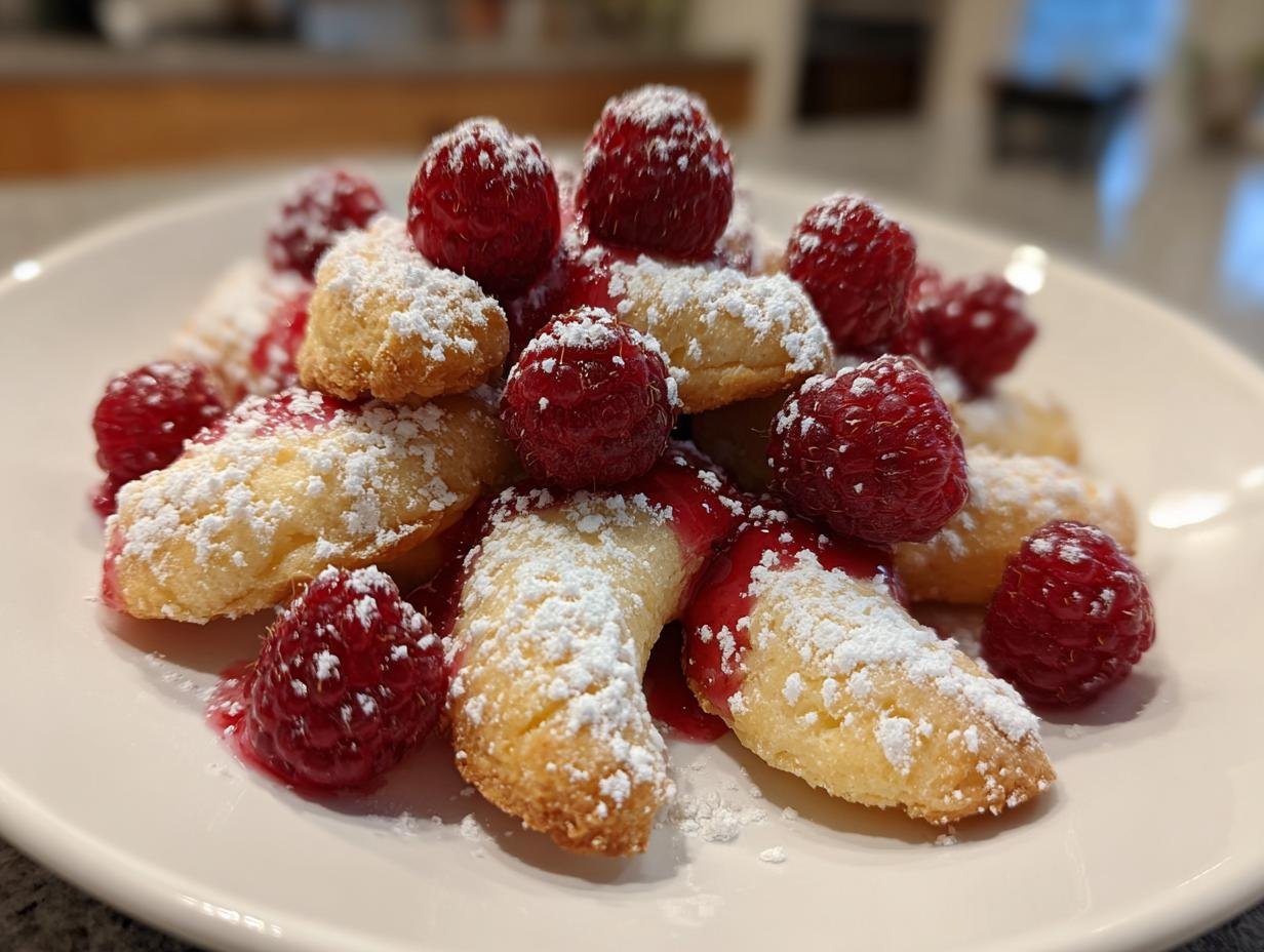A delightful serving of Vanillekipferl Dessert with Himbeeren, dusted with powdered sugar and fresh raspberries.