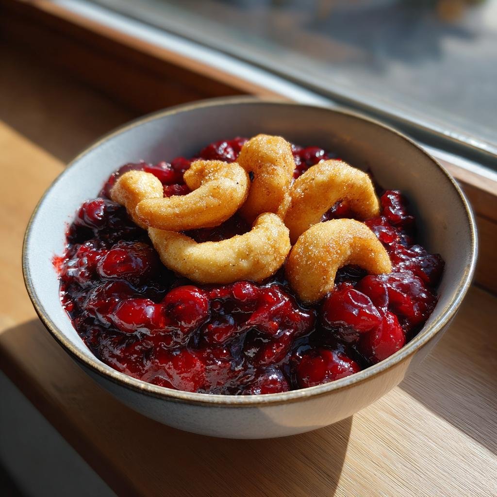 A bowl of Vanillekipferl Kirsch Dessert, featuring a rich cherry compote topped with crescent-shaped vanilla cookies.