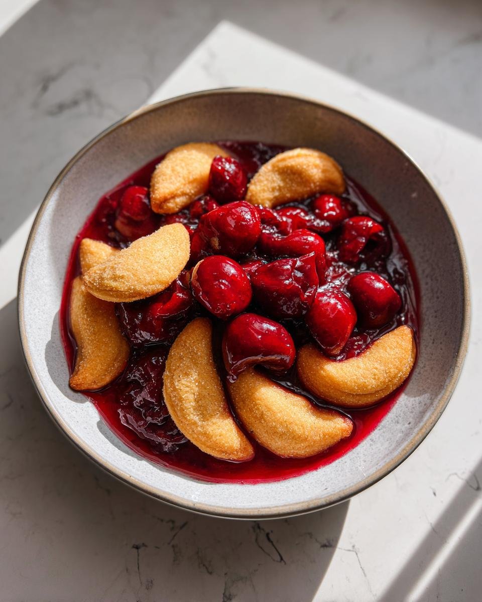 A bowl of Vanillekipferl Kirsch Dessert, featuring crescent-shaped cookies in a cherry sauce.