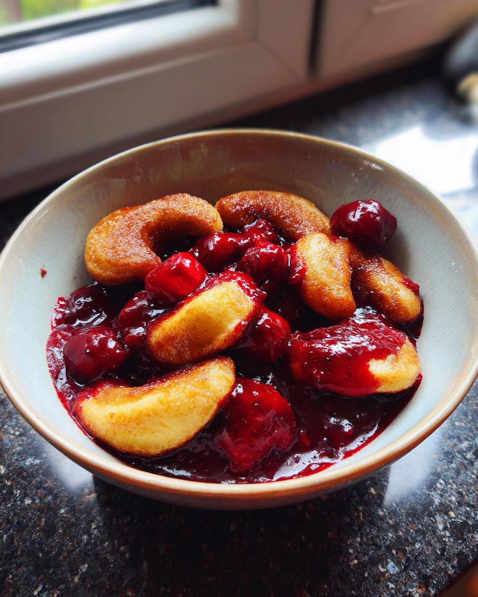 A close-up of a bowl filled with Vanillekipferl Kirsch Dessert, showing golden crescent-shaped cookies and bright red cherries in a rich sauce.
