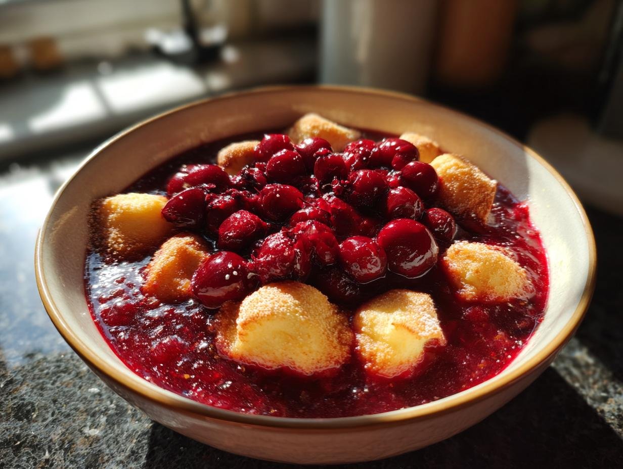 A close-up of a Vanillekipferl Kirsch Dessert in a bowl, featuring cherries and small cakes in a rich sauce.