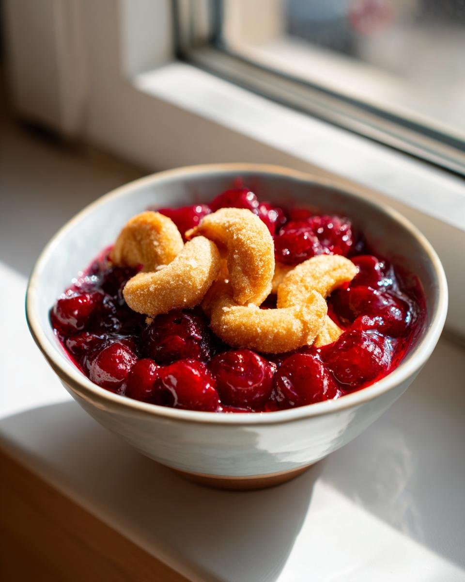 A bowl of Vanillekipferl Kirsch Dessert topped with crescent-shaped cookies and a rich cherry compote.