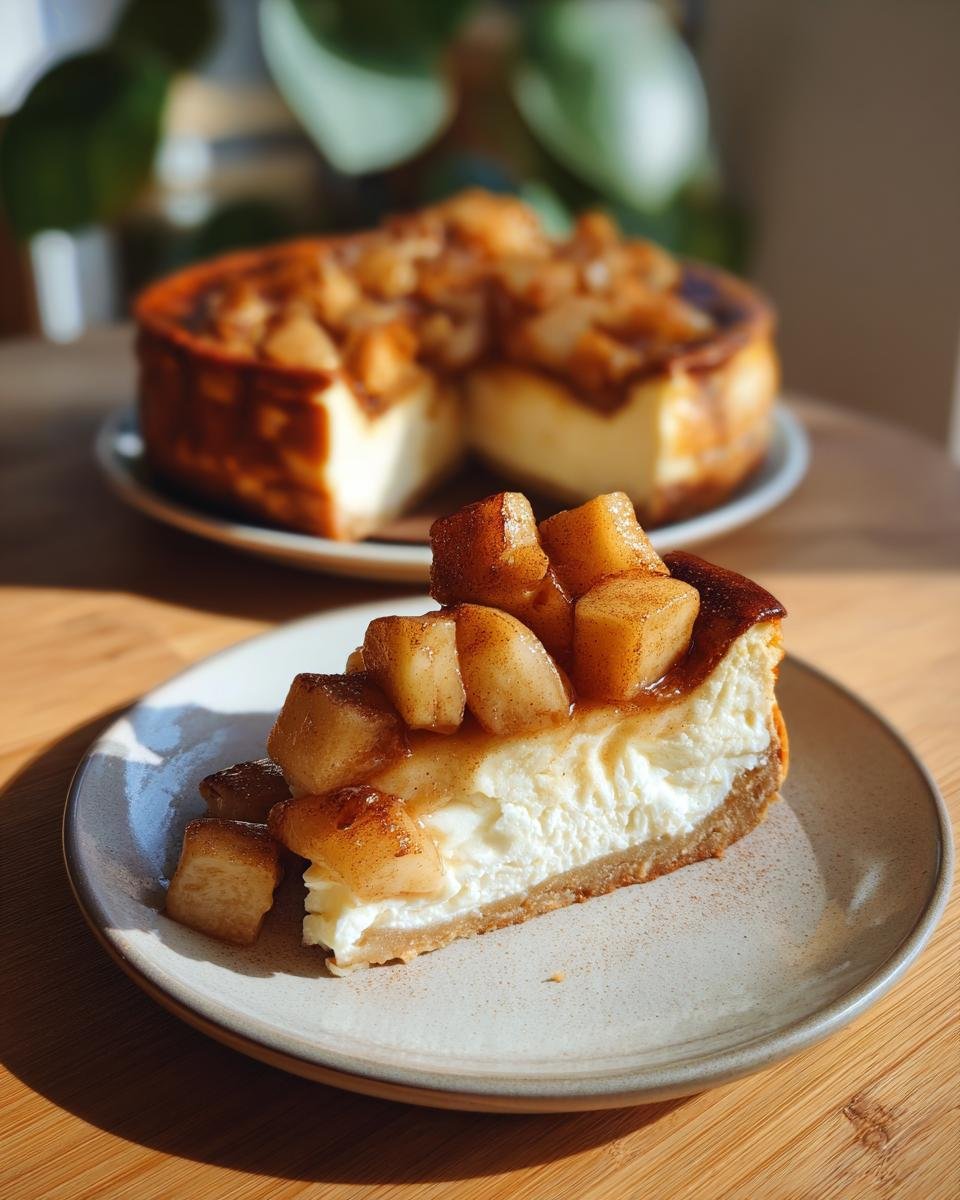 Ein Stück Weihnachtlicher Käsekuchen mit Bratapfel auf einem Teller, mit dem ganzen Kuchen im Hintergrund.