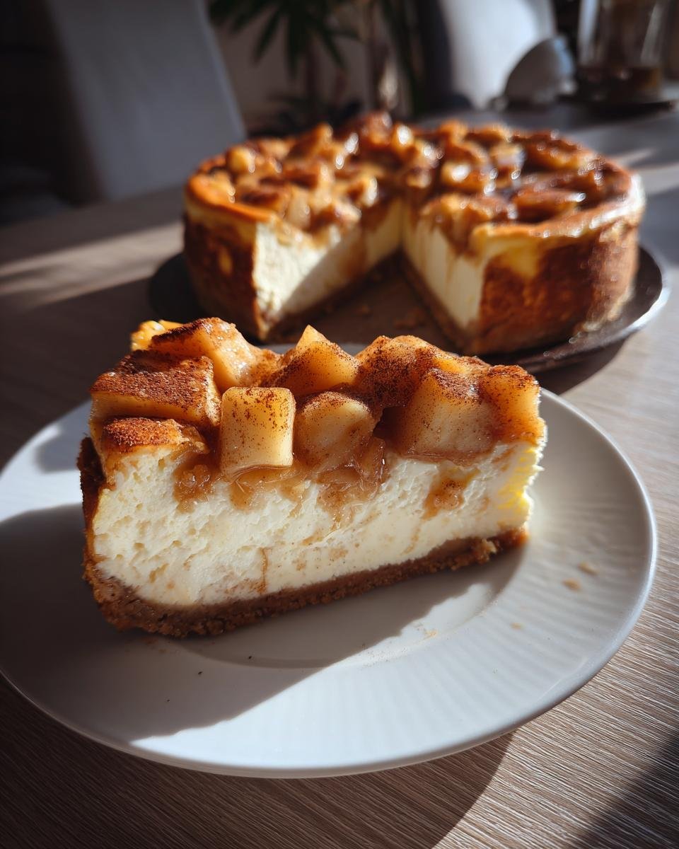 Ein Stück Weihnachtlicher Käsekuchen mit Bratapfel auf einem Teller, mit dem ganzen Kuchen im Hintergrund.