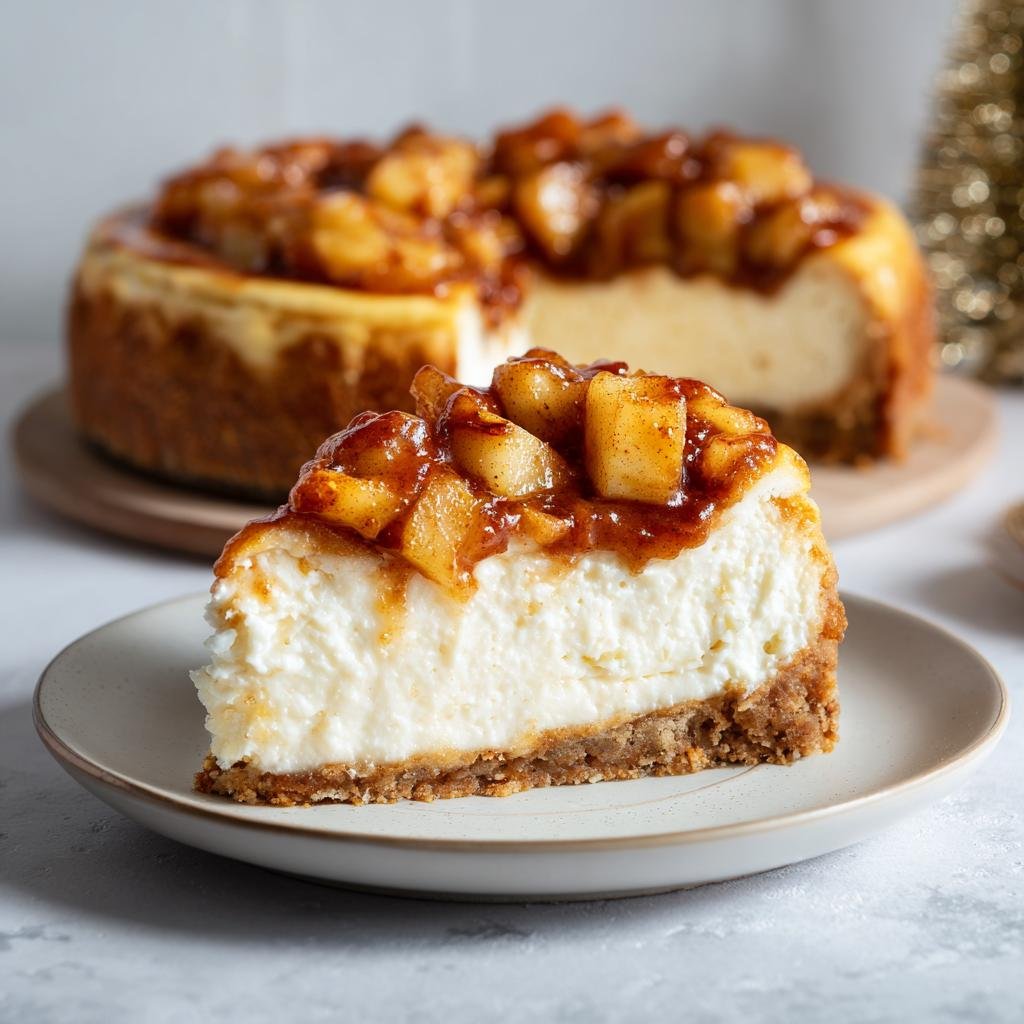 Ein Stück Weihnachtlicher Käsekuchen mit Bratapfel auf einem Teller, mit dem ganzen Kuchen im Hintergrund.