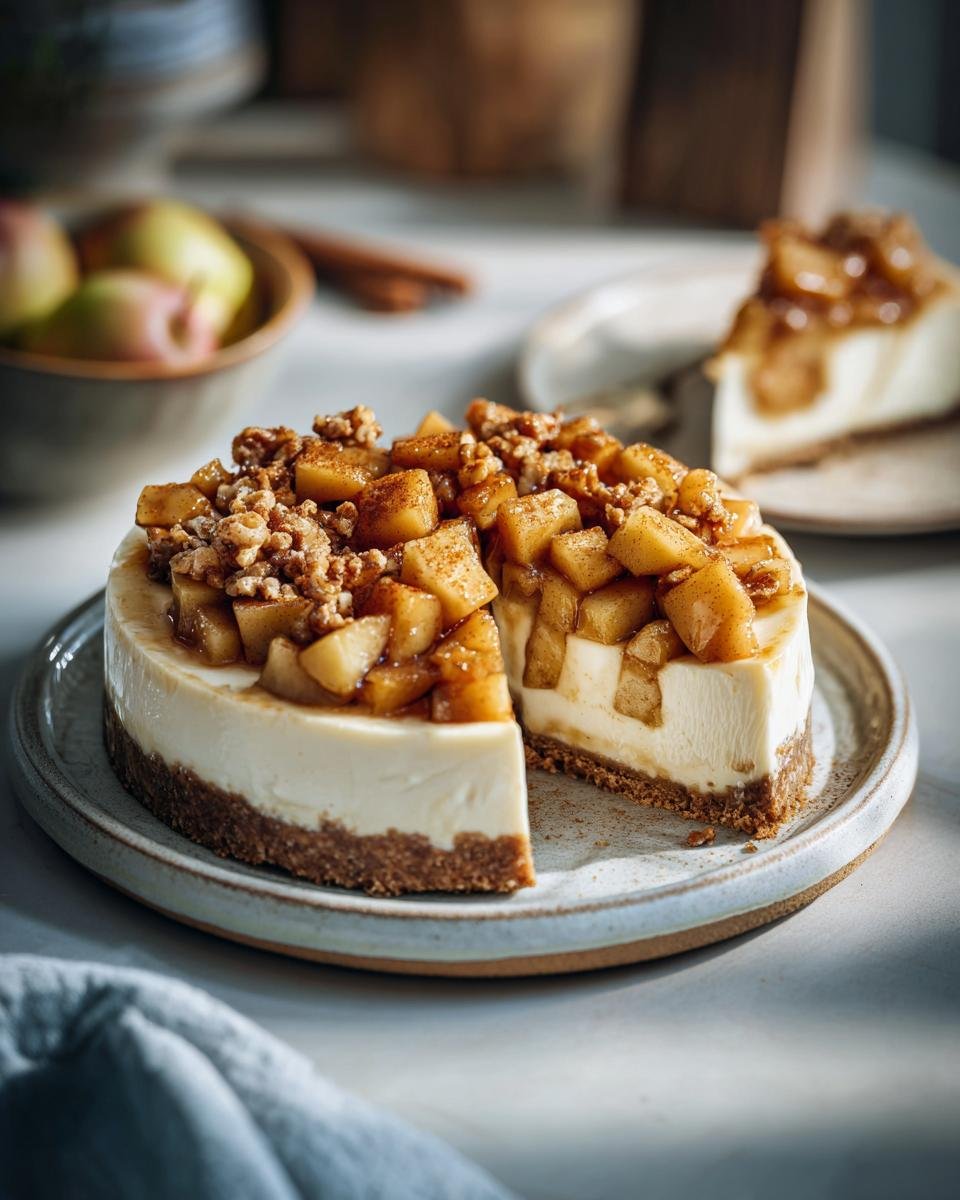 Ein Anschnitt von Weihnachtlichem Käsekuchen mit Bratapfel, verziert mit Apfelstücken und Nüssen.