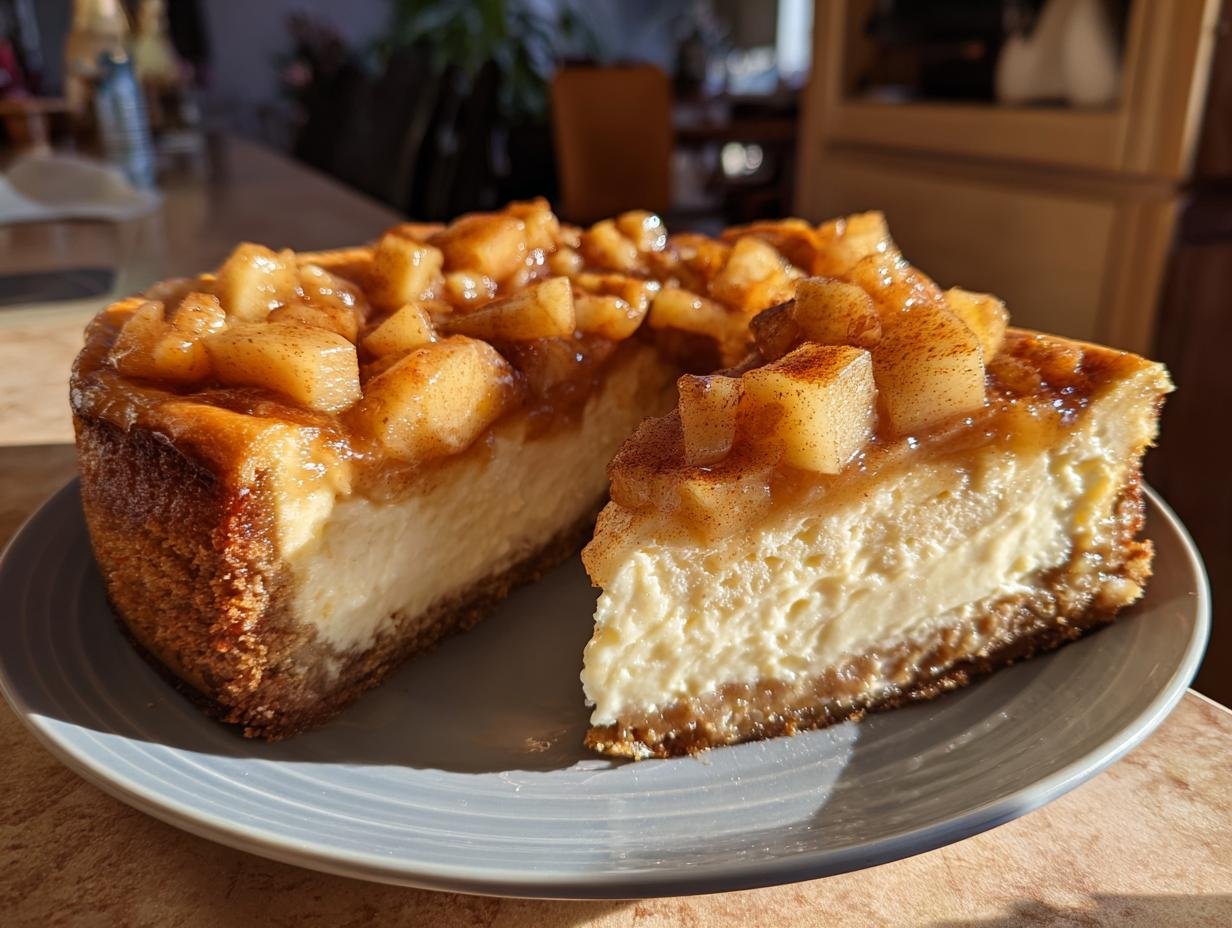 Ein Anschnitt eines Weihnachtlichen Käsekuchens mit Bratapfel auf einem grauen Teller.