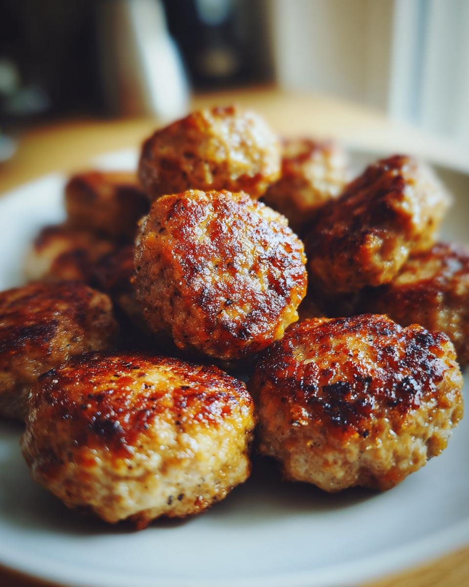 Close-up of golden-brown Weihnachts Frikadellen, small German meatballs, stacked on a plate.