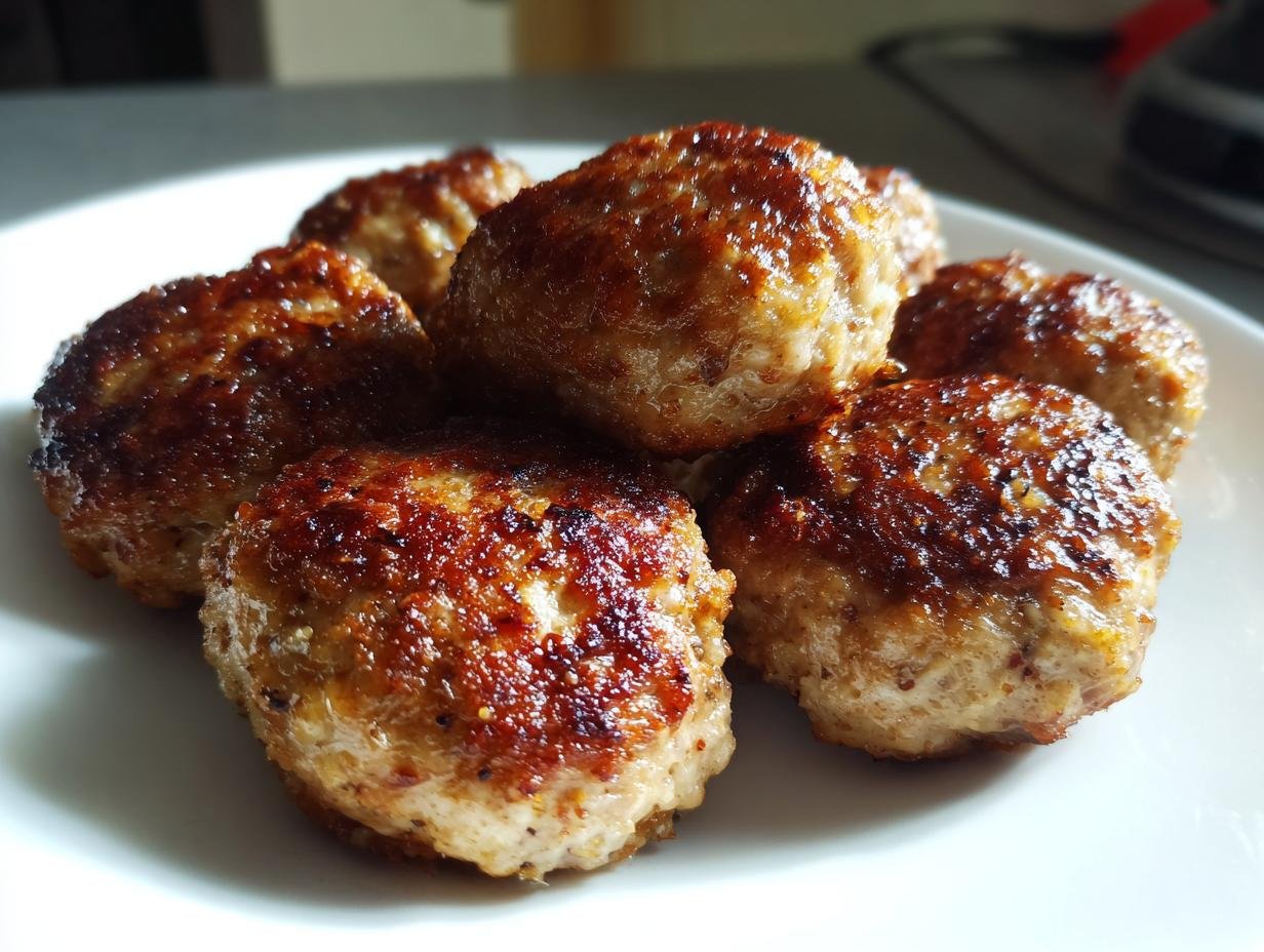 Close-up of golden-brown Weihnachts Frikadellen (German meatballs) piled on a white plate.