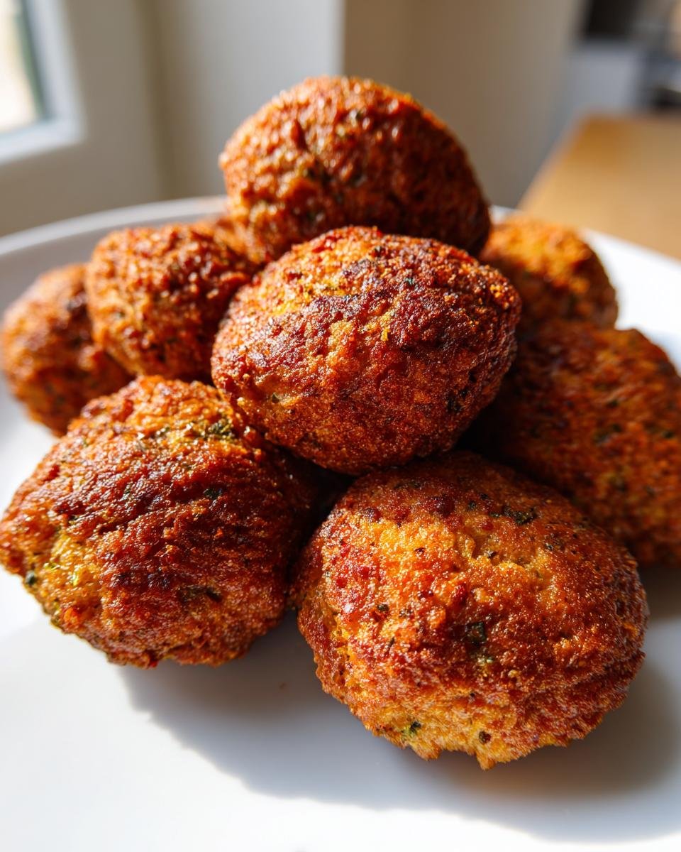 A close-up of a pile of golden-brown Weihnachts Frikadellen on a white plate.